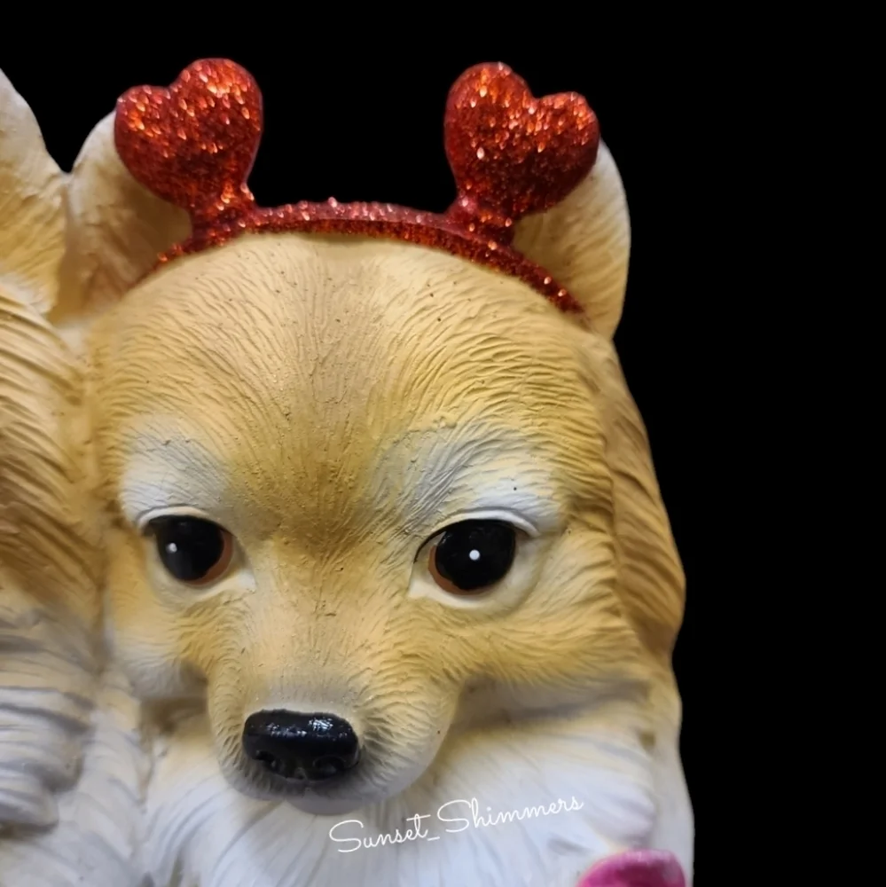 Valentines Pomeranian Pom Dogs Hearts & Rose Resin Figure Statue Decor